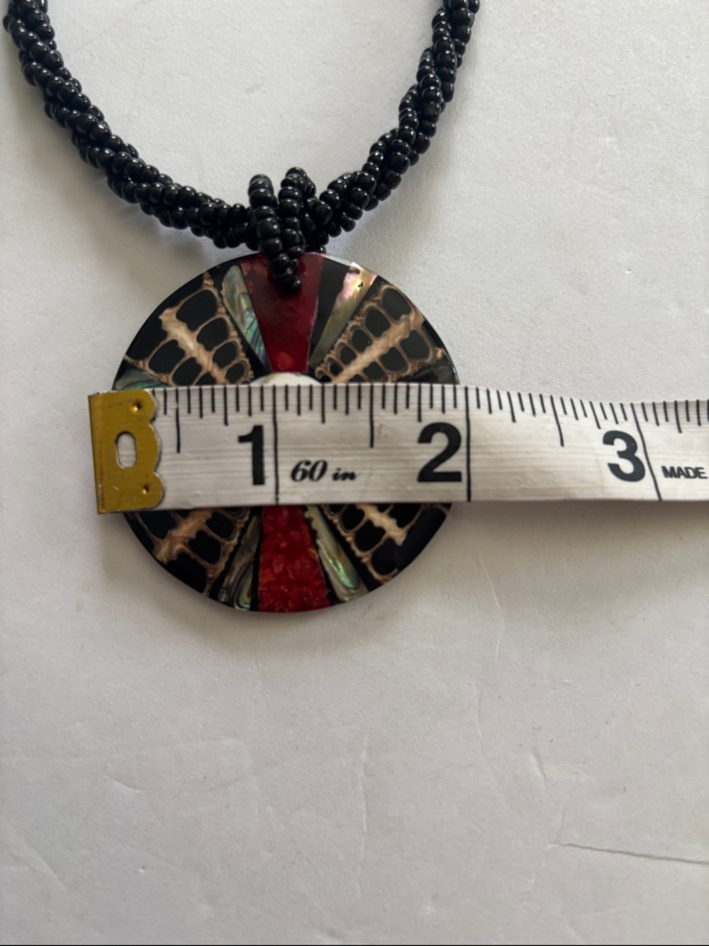 Source Unknown Black Beaded Necklace with Red, Green and Ivory Inlay Pendant - Picture 5 of 6